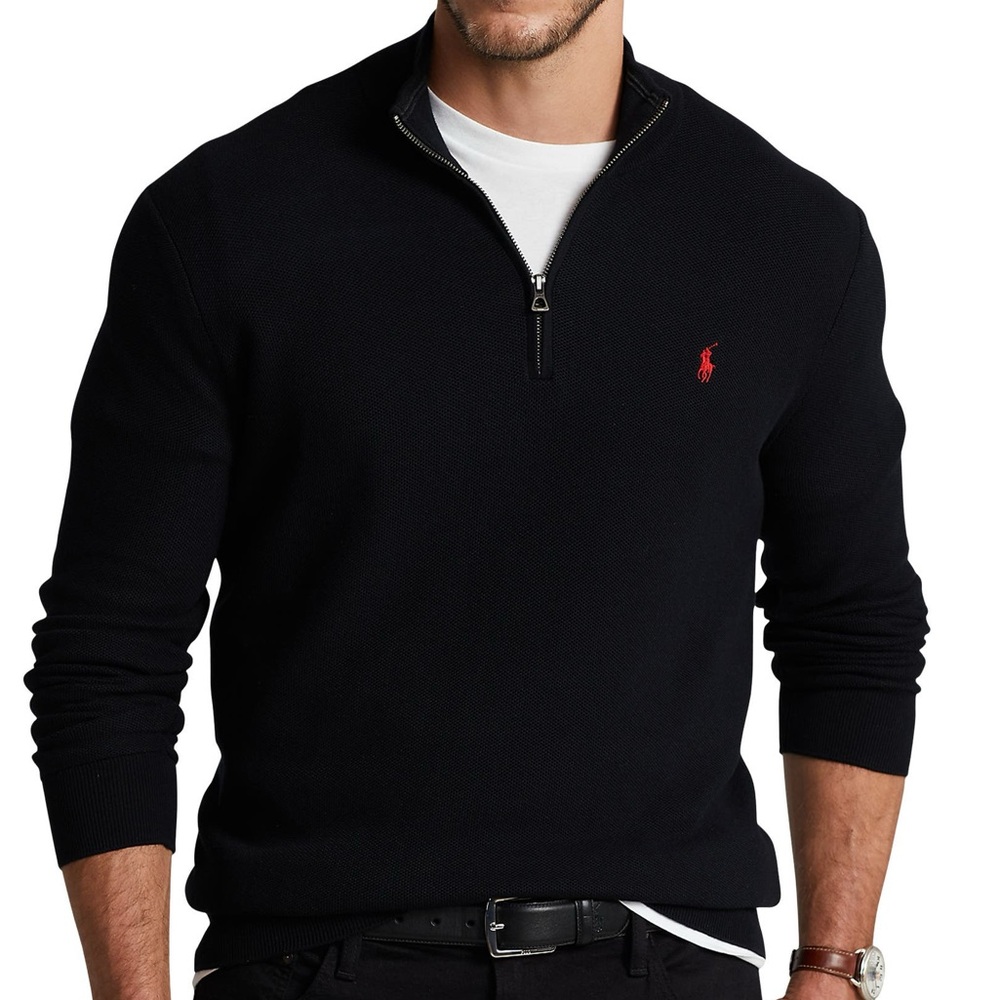 Polo Ralph Lauren Quarter Zip Pullover Sweater Pima Cotton Black Red Mens Large